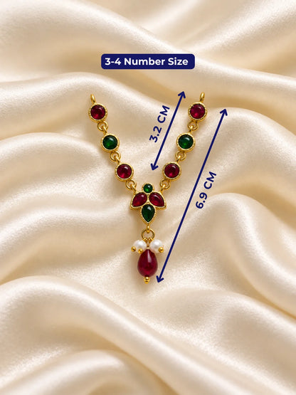 Ratna Triveni Necklace for Deity featuring precious jewel-inspired ornamental styling, ideal for traditional Laddu Gopal, Radha Rani and Krishna Ji shringar.
