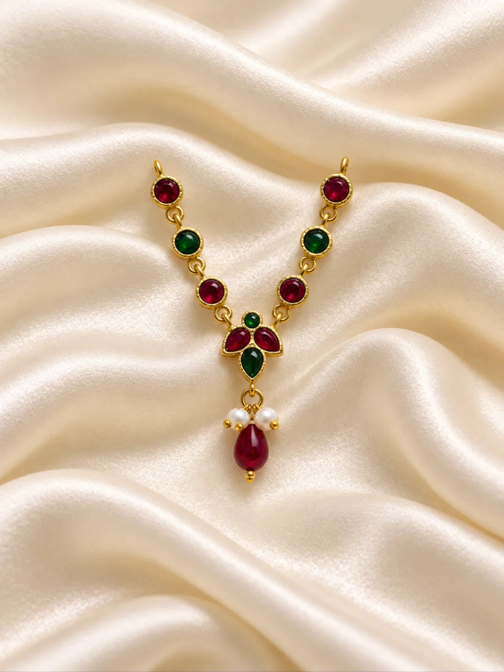 Ratna Triveni Necklace for Deity featuring precious jewel-inspired ornamental styling, ideal for traditional Laddu Gopal, Radha Rani and Krishna Ji shringar.
