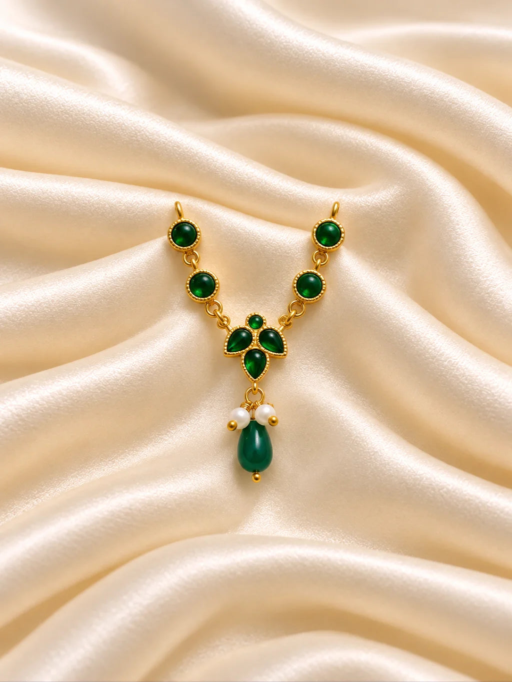 Ratna Triveni Necklace for Deity featuring precious jewel-inspired ornamental styling, ideal for traditional Laddu Gopal, Radha Rani and Krishna Ji shringar.
