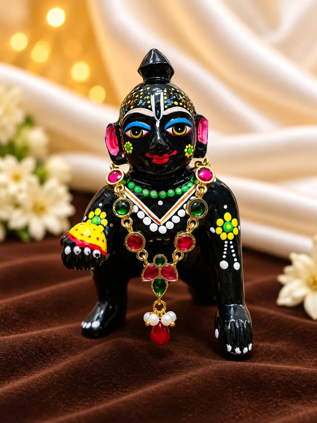 Ratna Triveni Necklace for Deity featuring precious jewel-inspired ornamental styling, ideal for traditional Laddu Gopal, Radha Rani and Krishna Ji shringar.
