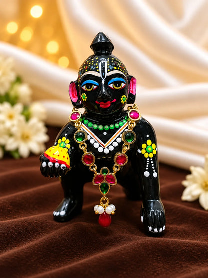 Ratna Triveni Necklace for Deity featuring precious jewel-inspired ornamental styling, ideal for traditional Laddu Gopal, Radha Rani and Krishna Ji shringar.
