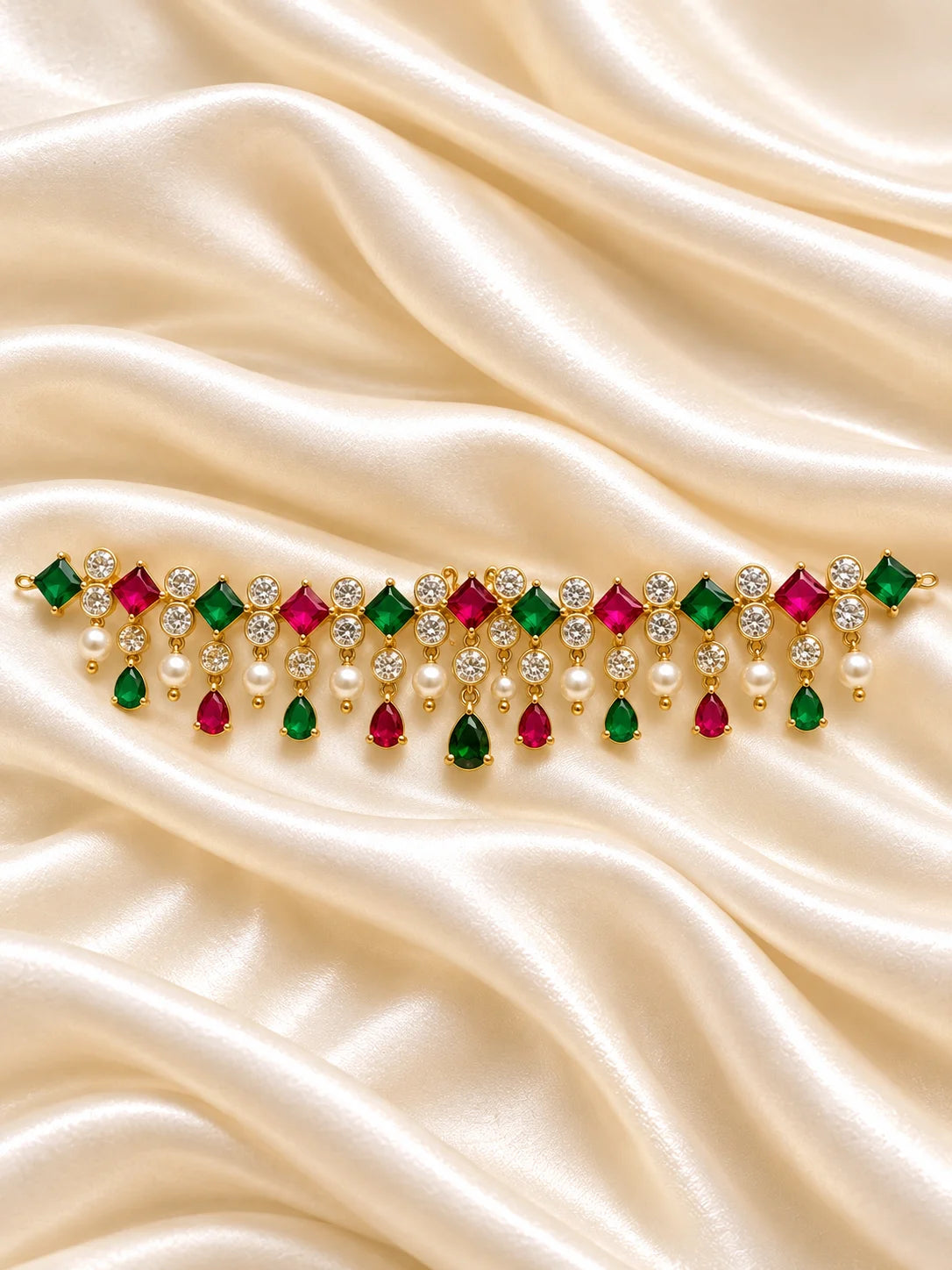 Ratna Mukta Manjari AD Kamarbandh for Deity featuring pearl-inspired ornamental styling and sparkling American Diamond detailing for Radha Rani waist shringar
