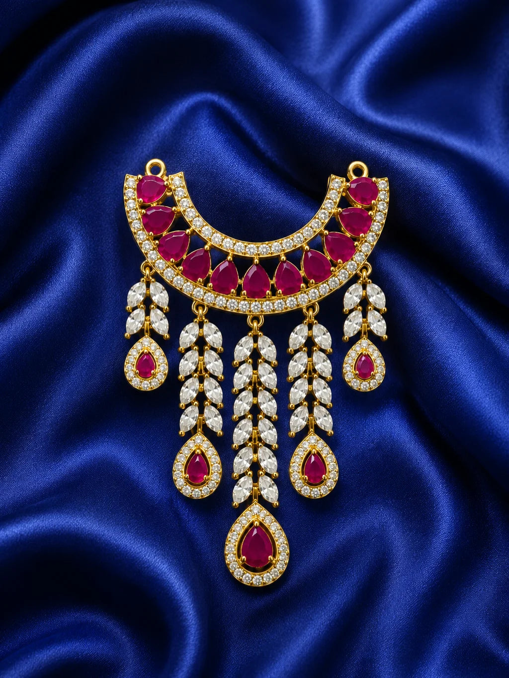 Ratnamanjari AD Necklace for deity featuring radiant stones and sparkling American Diamond detailing