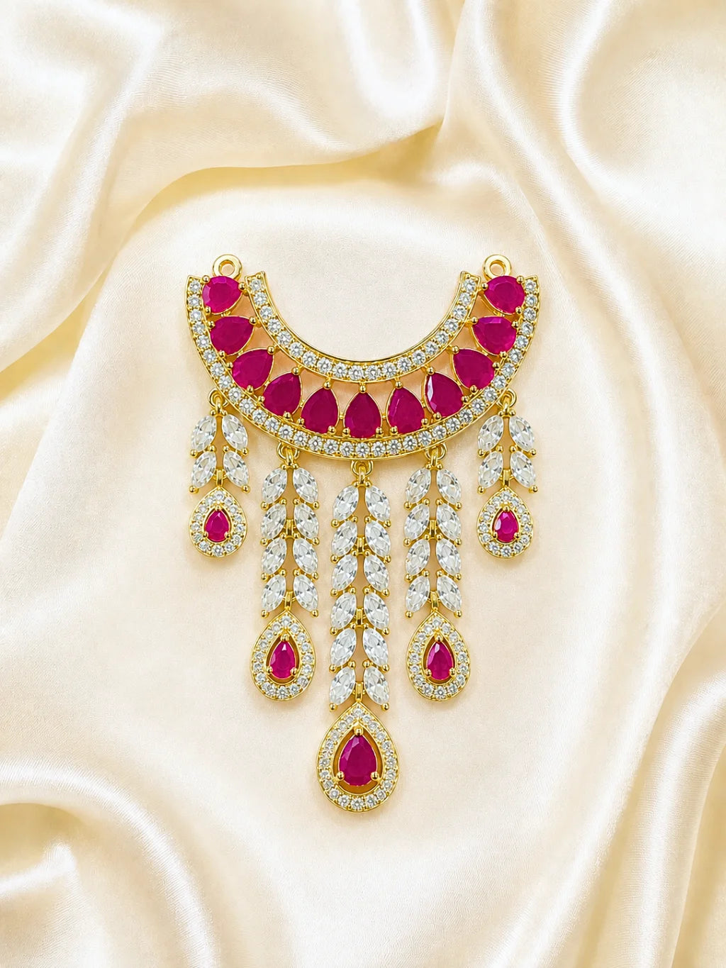 Ratnamanjari AD Necklace for deity featuring radiant stones and sparkling American Diamond detailing