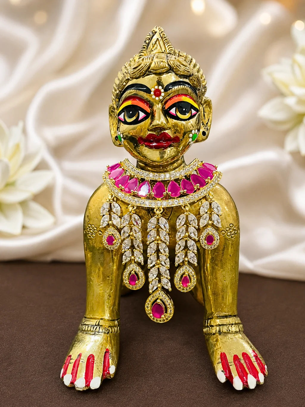 Ratnamanjari AD Necklace for deity featuring radiant stones and sparkling American Diamond detailing