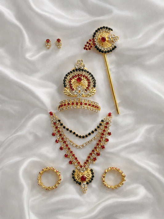 Red green devotional shringar set for Laddu Gopal with elegant traditional design