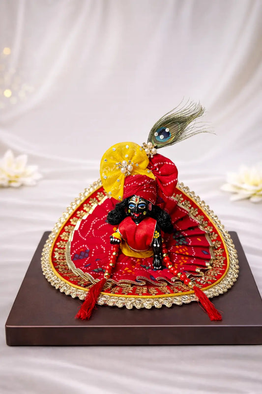 Laddu Gopal Dress – Red & Yellow Shringar with Golden Lace Border