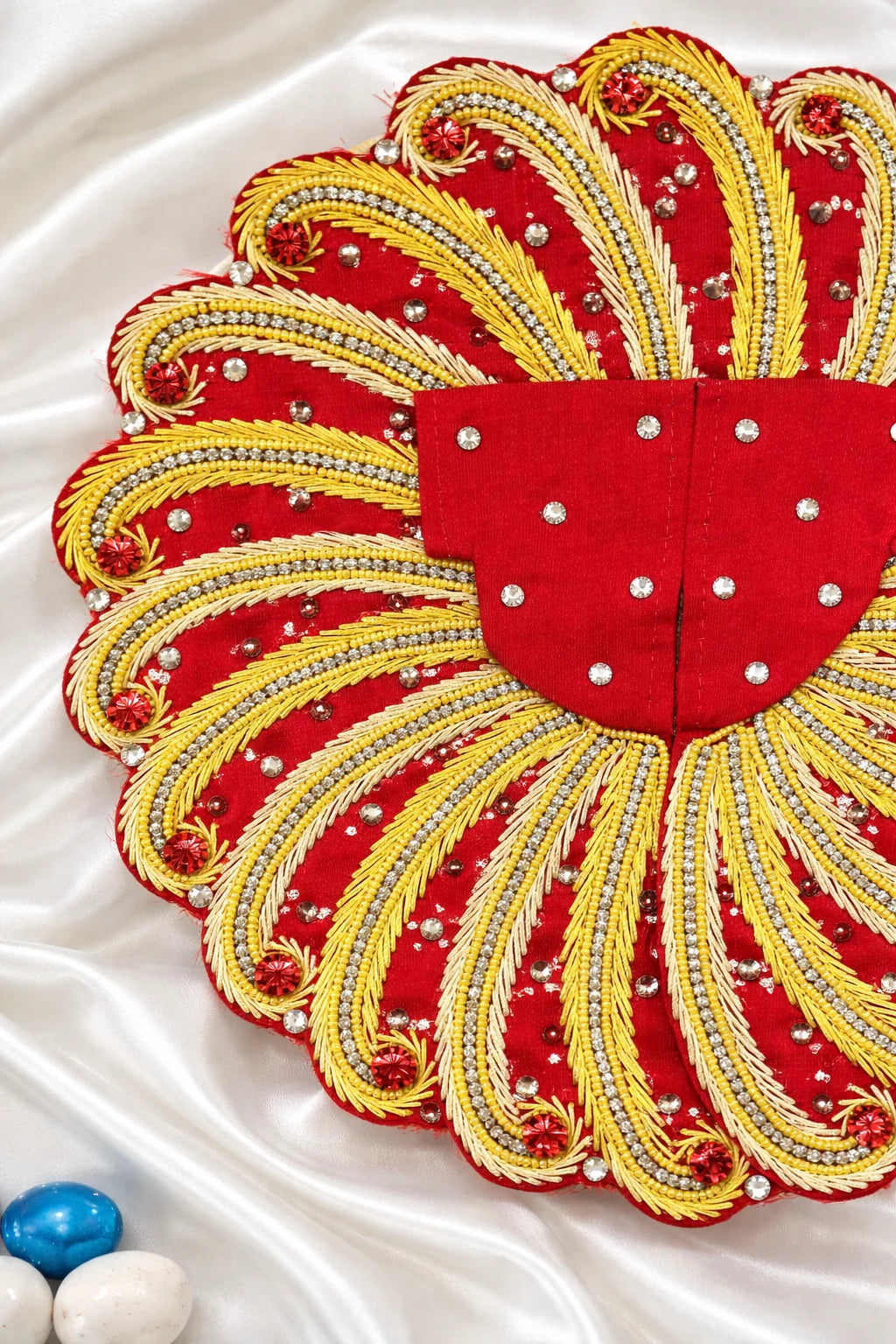 Red and yellow zari work Laddu Gopal dress handcrafted festive shringar poshak