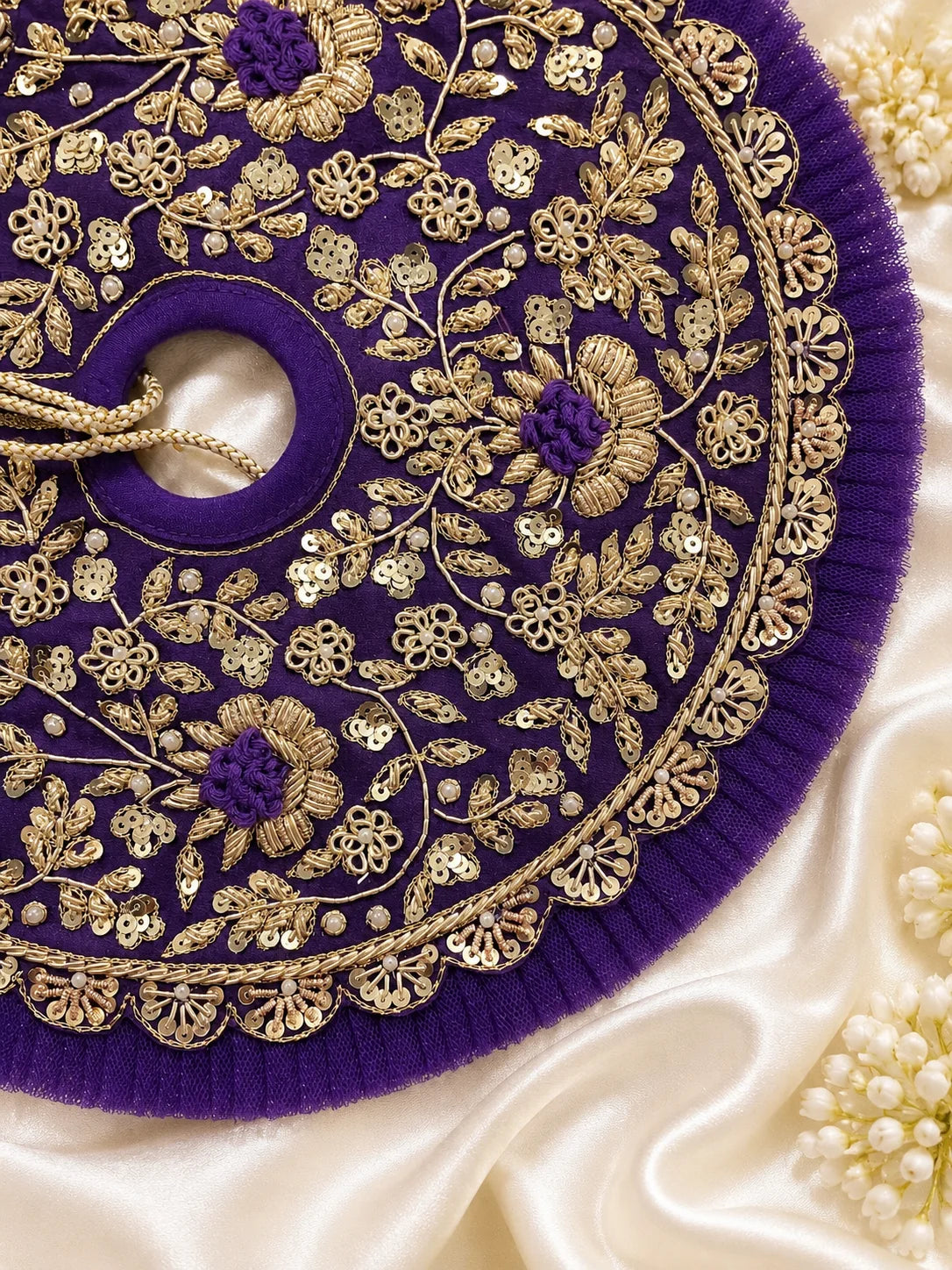 Premium Violet Kanha Ji Poshak with Golden Zari Work and Kundan Pagdi Set Flatlay