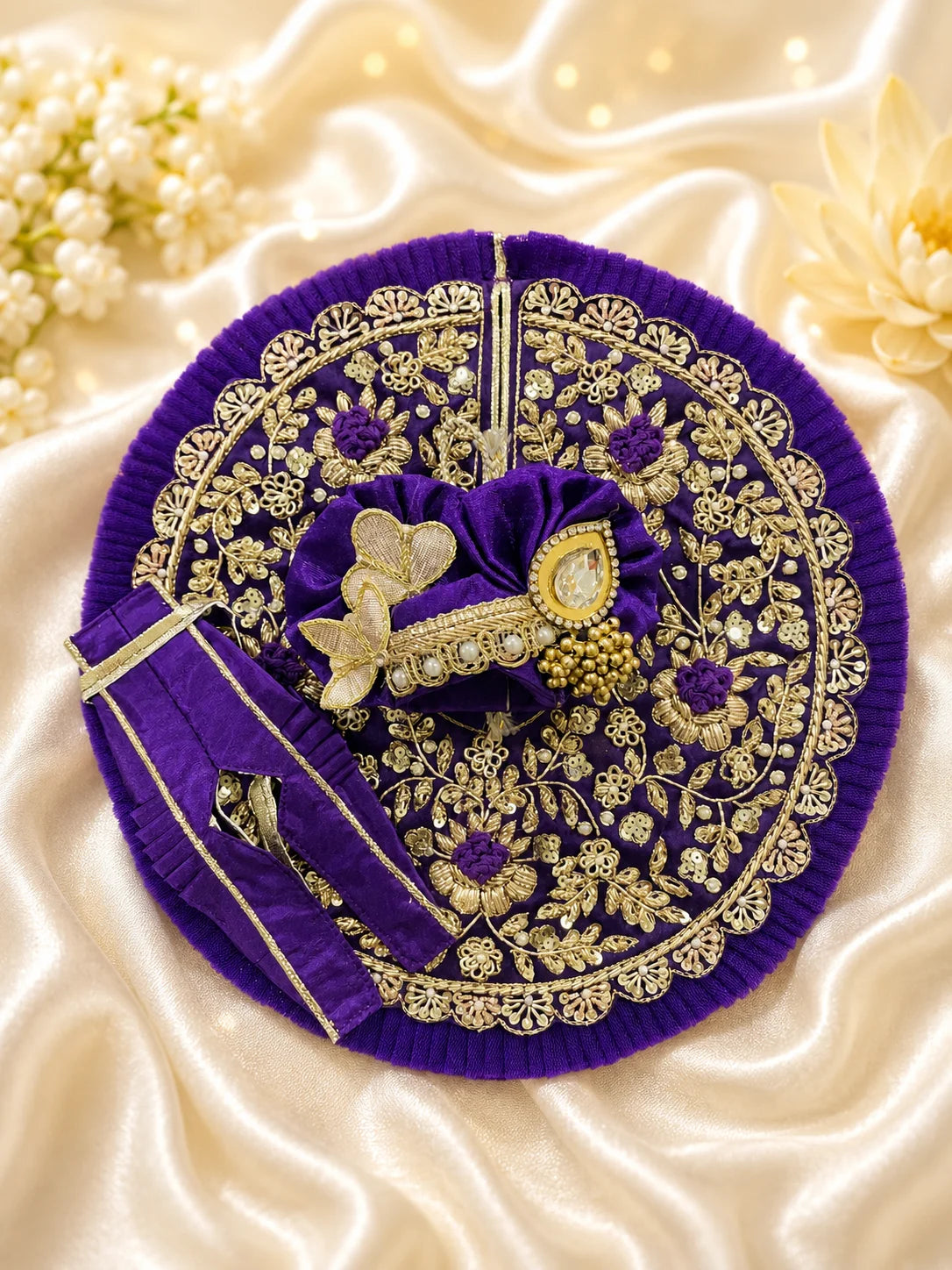 Premium Violet Kanha Ji Poshak with Golden Zari Work and Kundan Pagdi Set Flatlay