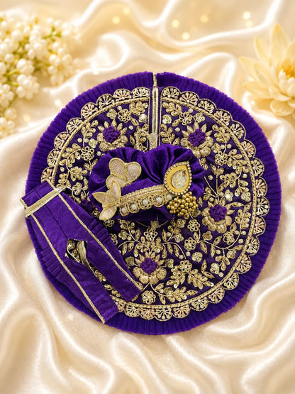 Premium Violet Kanha Ji Poshak with Golden Zari Work and Kundan Pagdi Set Flatlay