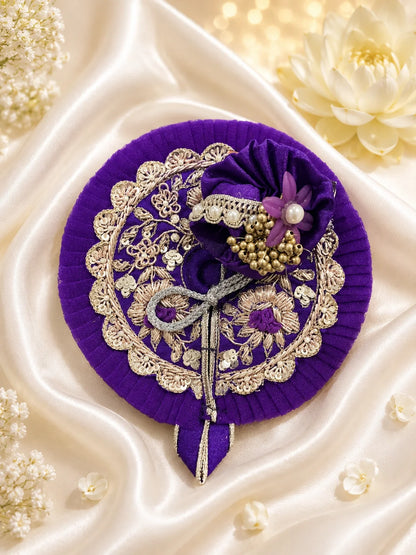 Premium Violet Kanha Ji Poshak with Golden Zari Work and Kundan Pagdi Set Flatlay