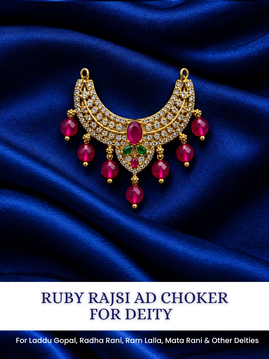 Ruby Rajsi AD Choker for Deity featuring rich ruby-toned stones and sparkling AD work. An elegant royal choker for Laddu Gopal and festive shringar.
