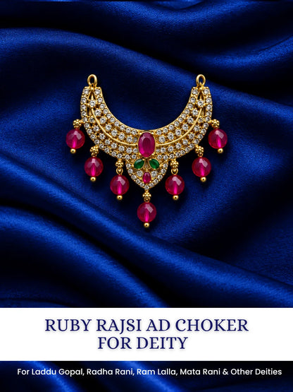 Ruby Rajsi AD Choker for Deity featuring rich ruby-toned stones and sparkling AD work. An elegant royal choker for Laddu Gopal and festive shringar.
