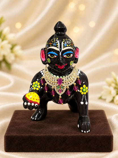 Ruby Rajsi AD Choker for Deity featuring rich ruby-toned stones and sparkling AD work. An elegant royal choker for Laddu Gopal and festive shringar.
