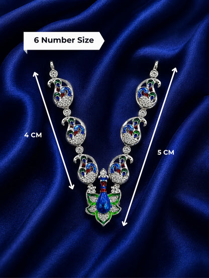 Premium crystal-embedded Meenakari peacock haar for Laddu Gopal Ji on dark blue silk background
