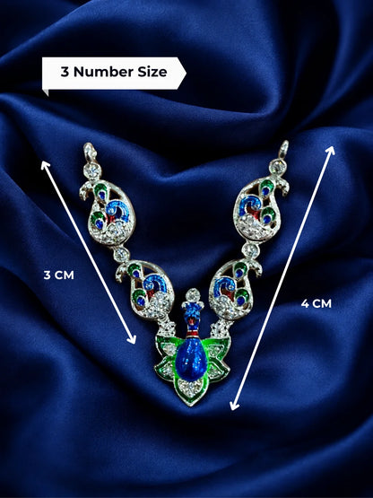 Premium crystal-embedded Meenakari peacock haar for Laddu Gopal Ji on dark blue silk background
