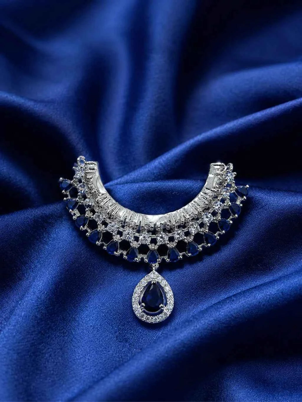 Sapphire Blue AD Stone Silver Plated Choker