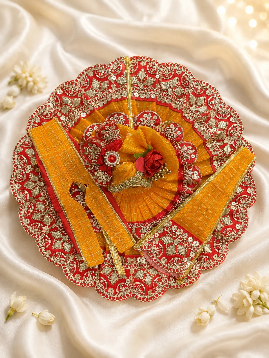 Close Up of Emerald Green Scalloped Metallic Zari Lace and Sequins on Yellow Textured Laddu Gopal Dress

