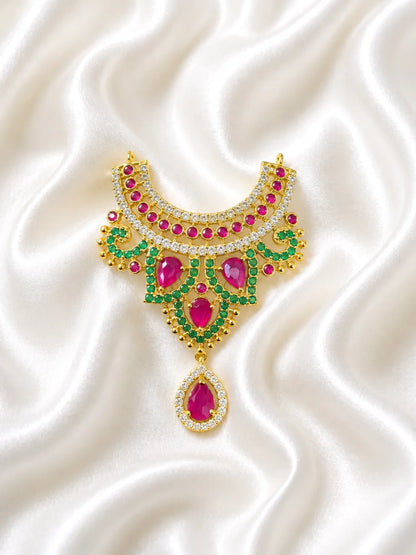 Premium gold plated Shahi Manik Kanthi collar necklace with white American Diamonds and ruby red gemstones for Laddu Gopal deity shringar