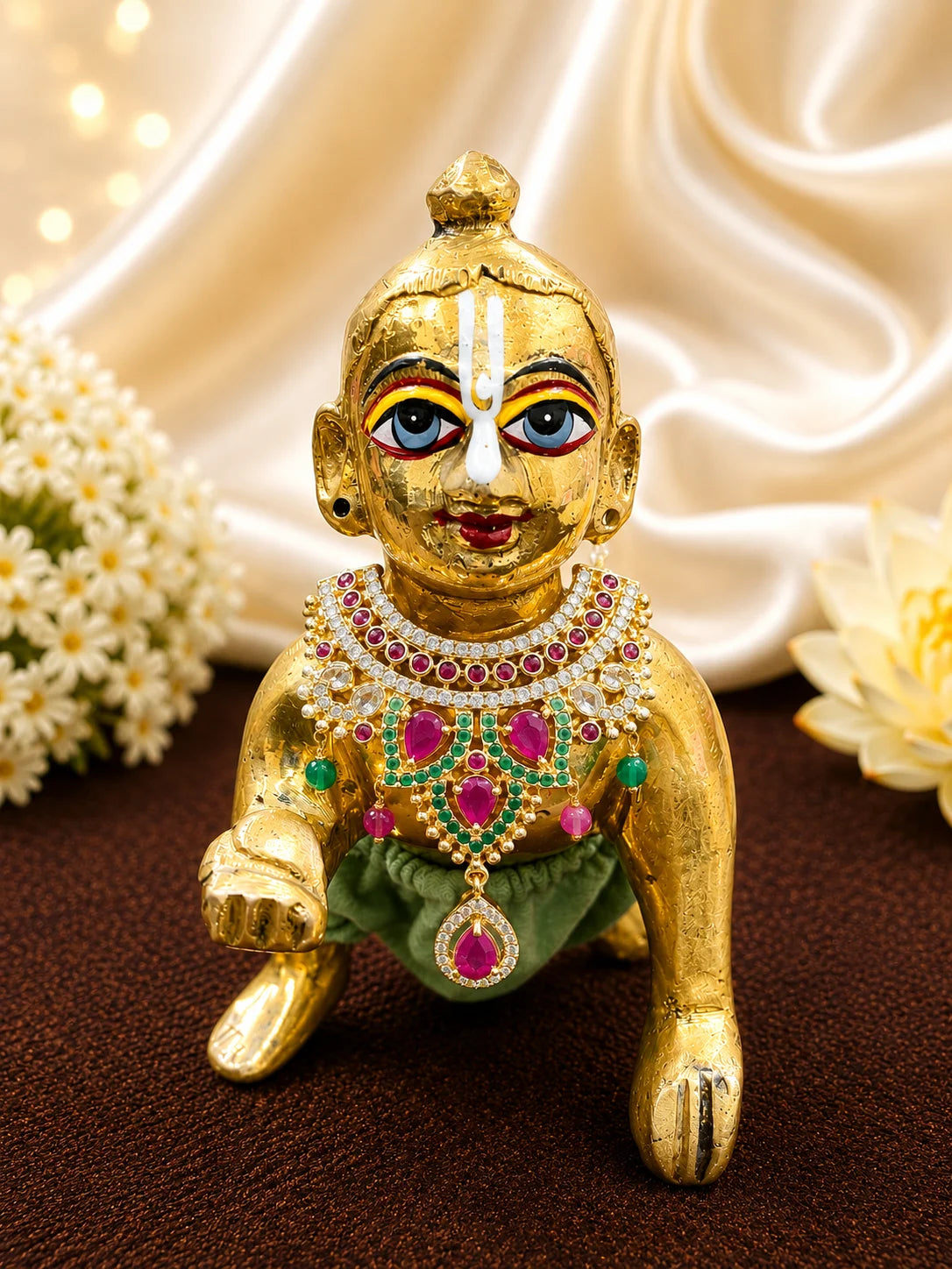 Premium gold plated Shahi Manik Kanthi collar necklace with white American Diamonds and ruby red gemstones for Laddu Gopal deity shringar