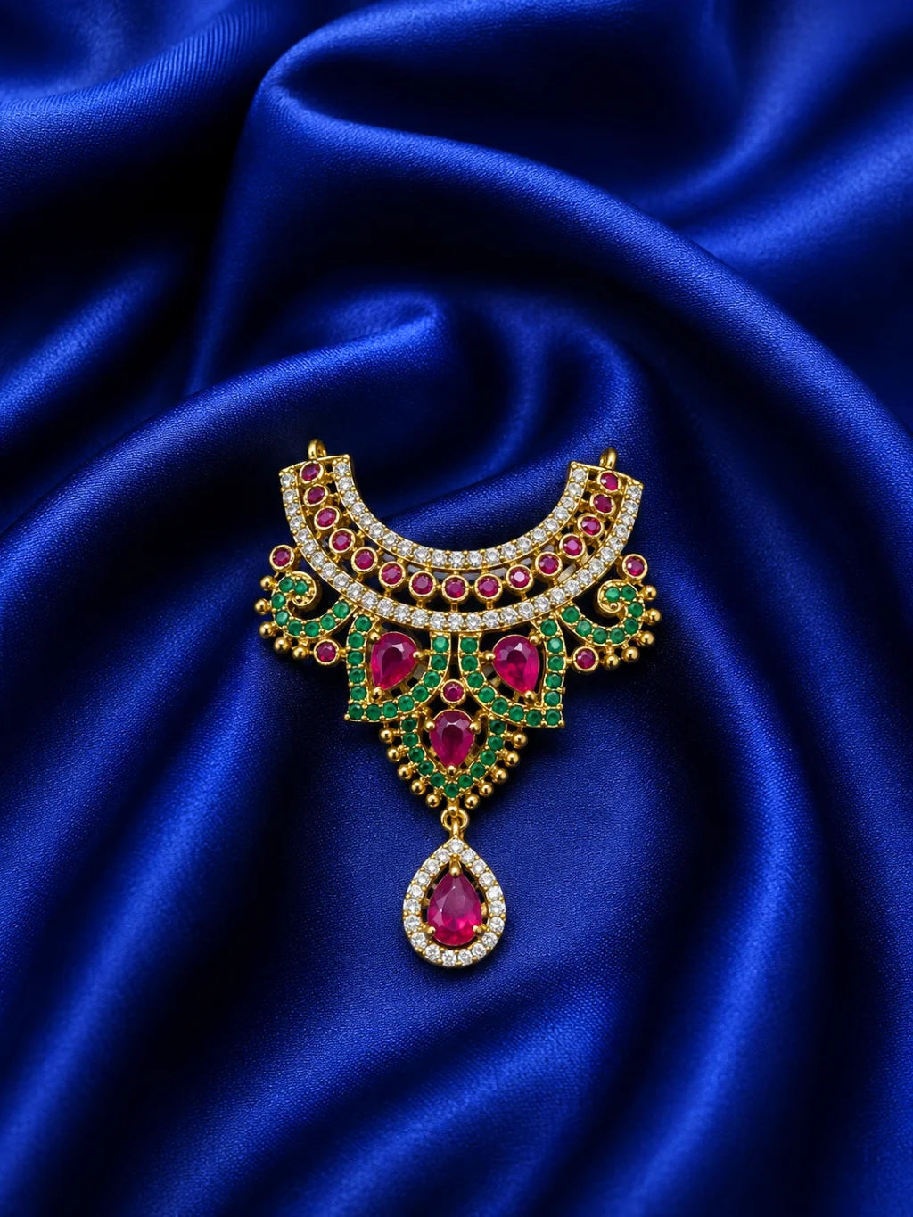 Premium gold plated Shahi Manik Kanthi collar necklace with white American Diamonds and ruby red gemstones for Laddu Gopal deity shringar