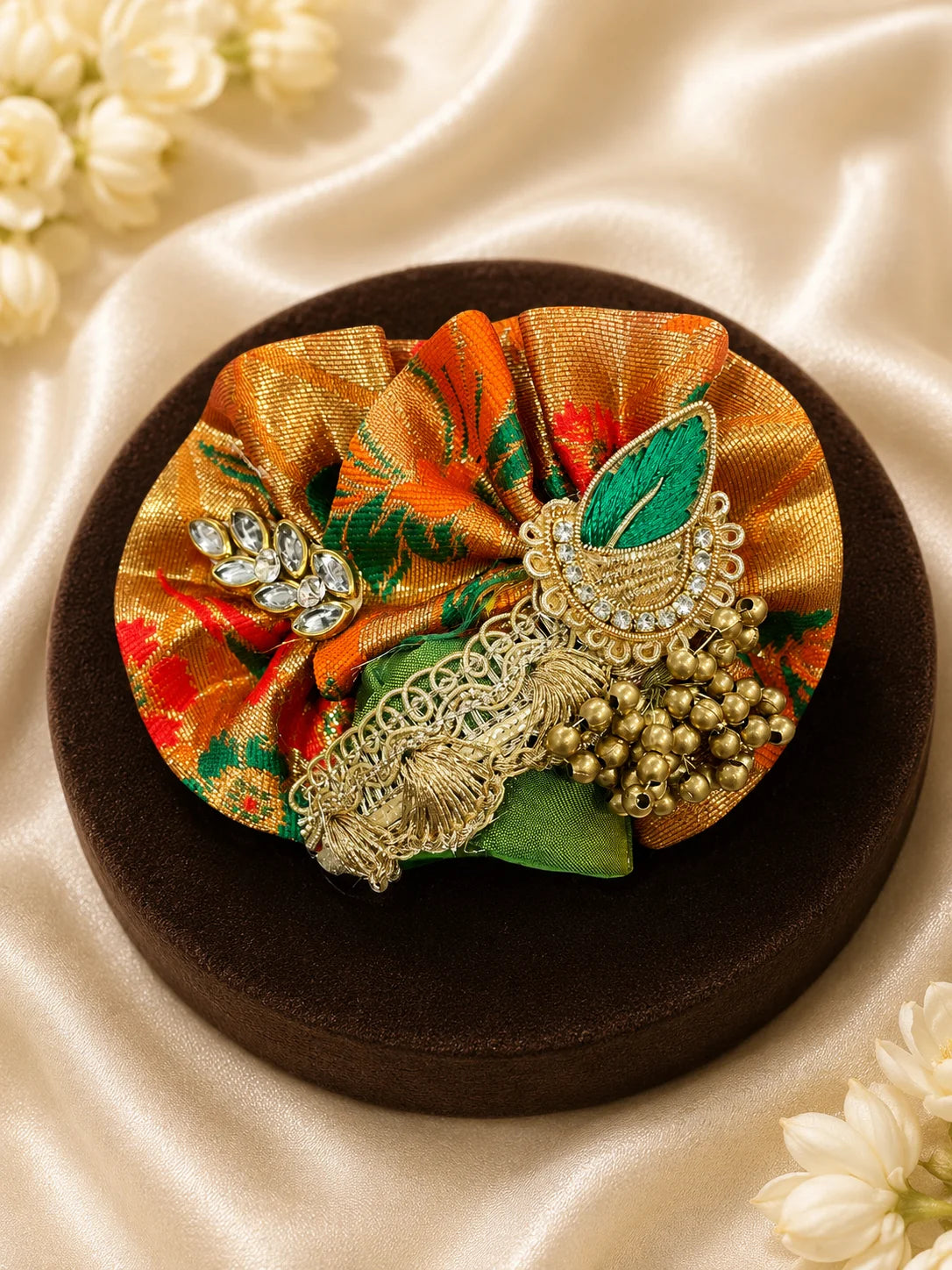 Detailed View of Handcrafted Scalloped Pearl Lace Border and Pleated Gold Brocade Ghera on Kanha Ji Poshak