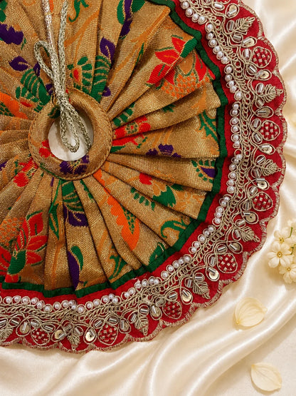 Royal Golden Brocade Laddu Gopal Poshak Set with Heavy Pearl Lace Border and Designer Pagdi Flatlay

