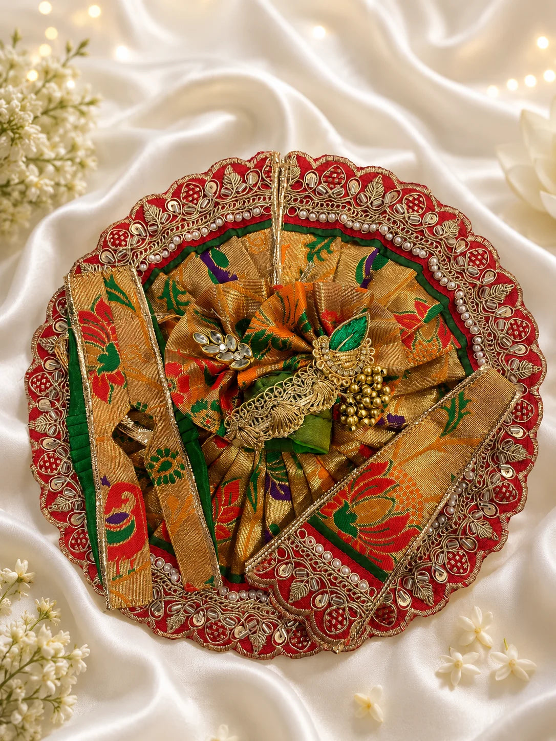 Royal Golden Brocade Laddu Gopal Poshak Set with Heavy Pearl Lace Border and Designer Pagdi Flatlay

