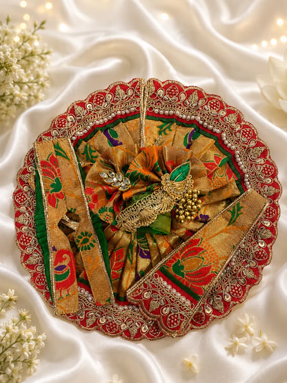 Royal Golden Brocade Laddu Gopal Poshak Set with Heavy Pearl Lace Border and Designer Pagdi Flatlay

