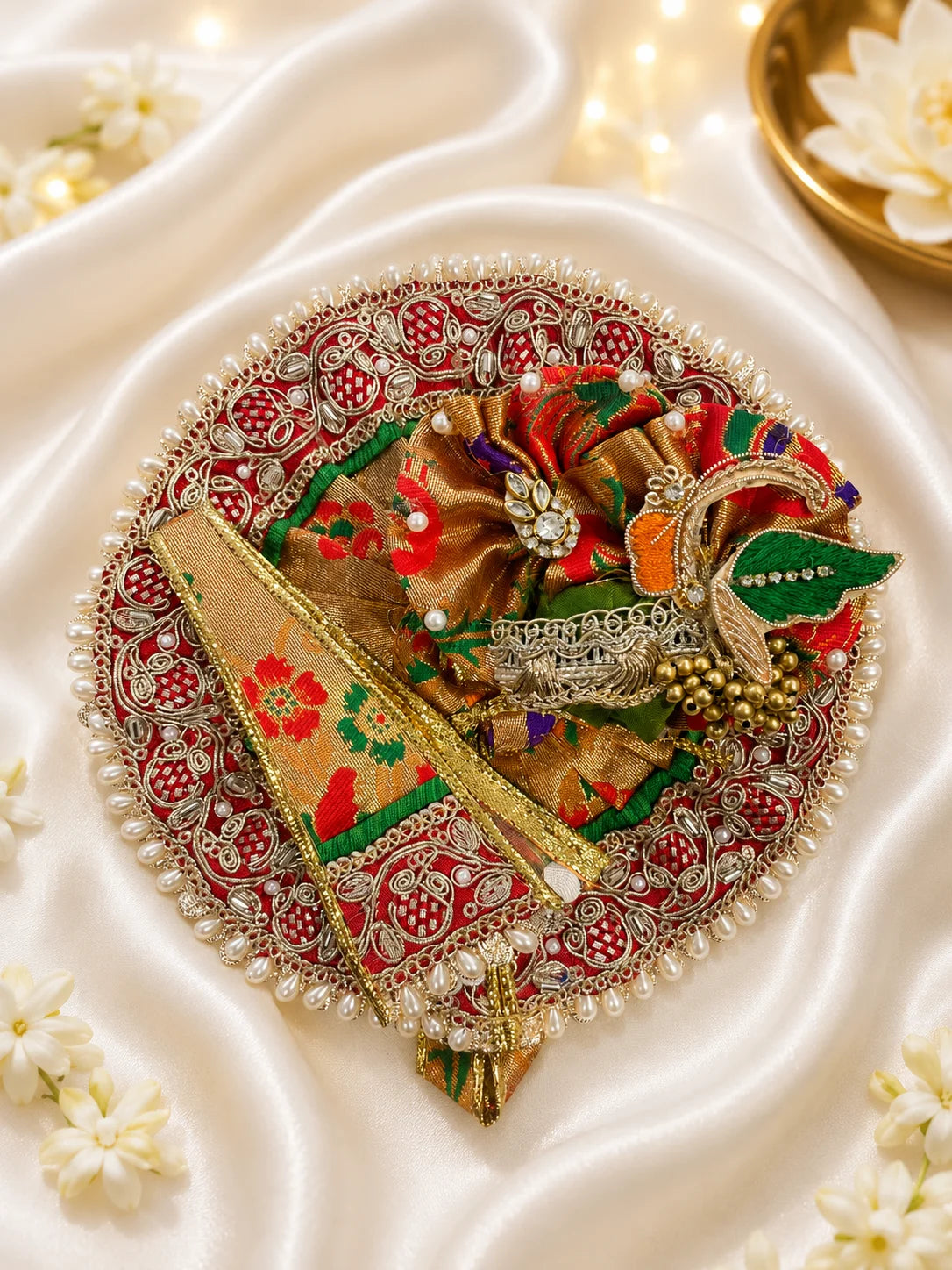 Royal Golden Brocade Laddu Gopal Poshak Set with Heavy Pearl Lace Border and Designer Pagdi Flatlay


