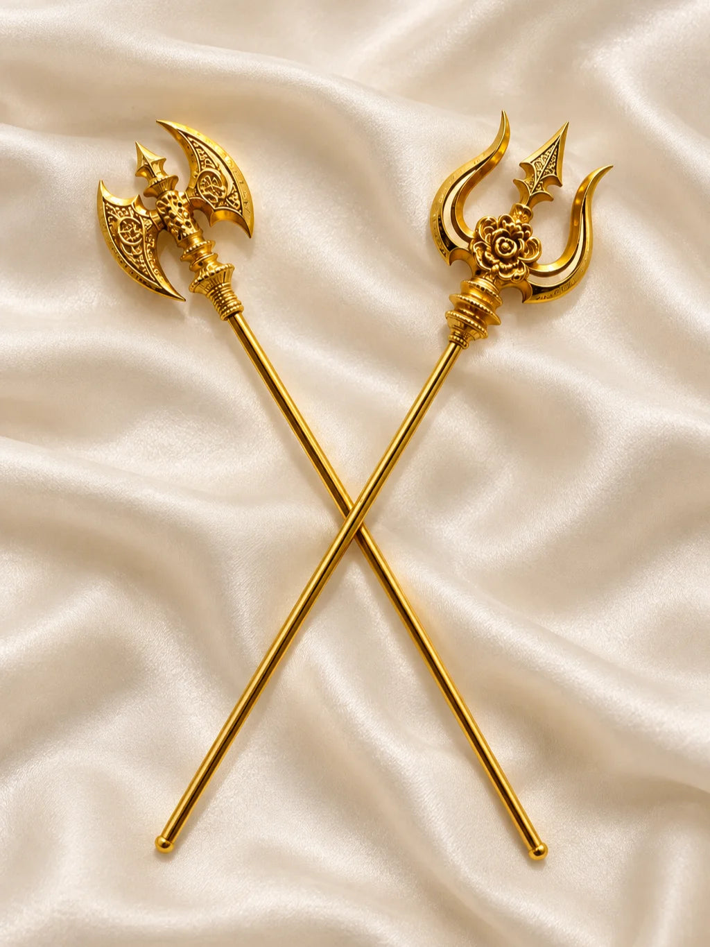 Shiv Shakti Trishul & Parshu Set for Deity featuring traditional sacred weapon-inspired detailing. Ideal for Mahadev, Mata Rani and divine shringar.

