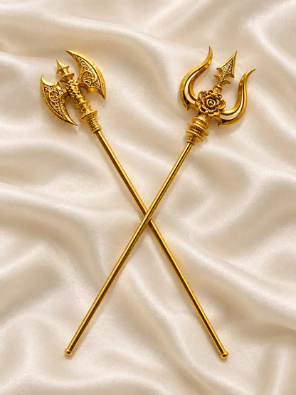 Shiv Shakti Trishul & Parshu Set for Deity featuring traditional sacred weapon-inspired detailing. Ideal for Mahadev, Mata Rani and divine shringar.
