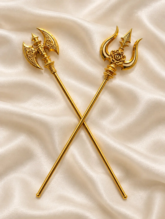 Shiv Shakti Trishul & Parshu Set for Deity featuring traditional sacred weapon-inspired detailing. Ideal for Mahadev, Mata Rani and divine shringar.
