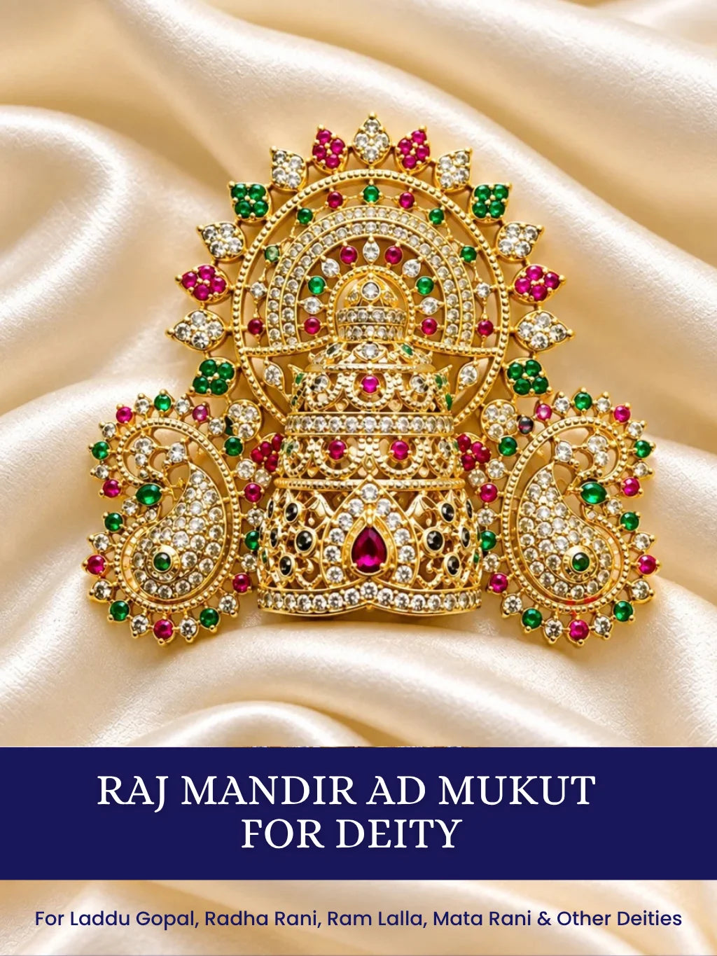Shop Raj Mandir AD Mukut for Deity with temple-inspired royal artistry and sparkling AD work. An elegant crown for Laddu Gopal and festive shringar.
