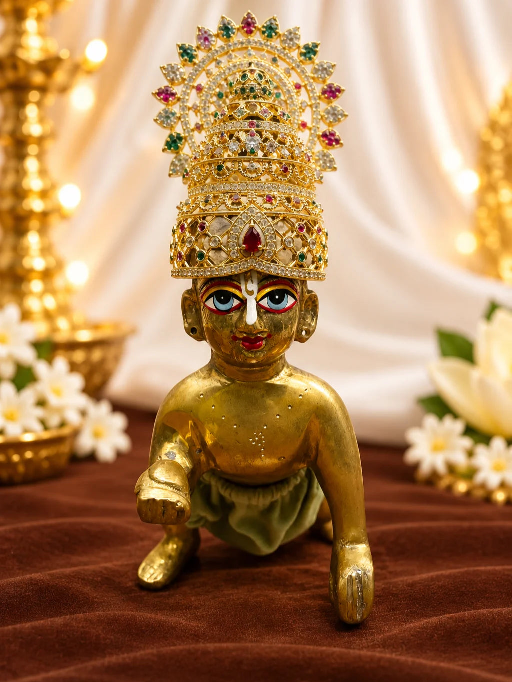 Shwet Ratna Darbar AD Mukut for Deity with white jewel-inspired styling and sparkling American Diamond detailing
