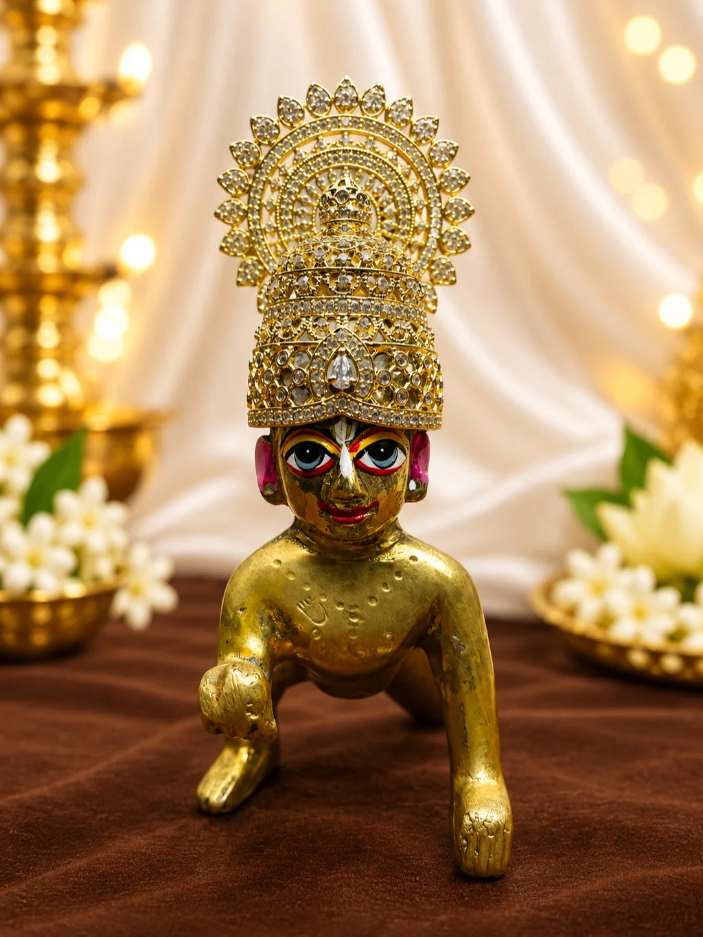 Shwet Ratna Darbar AD Mukut for Deity with white jewel-inspired styling and sparkling American Diamond detailing
