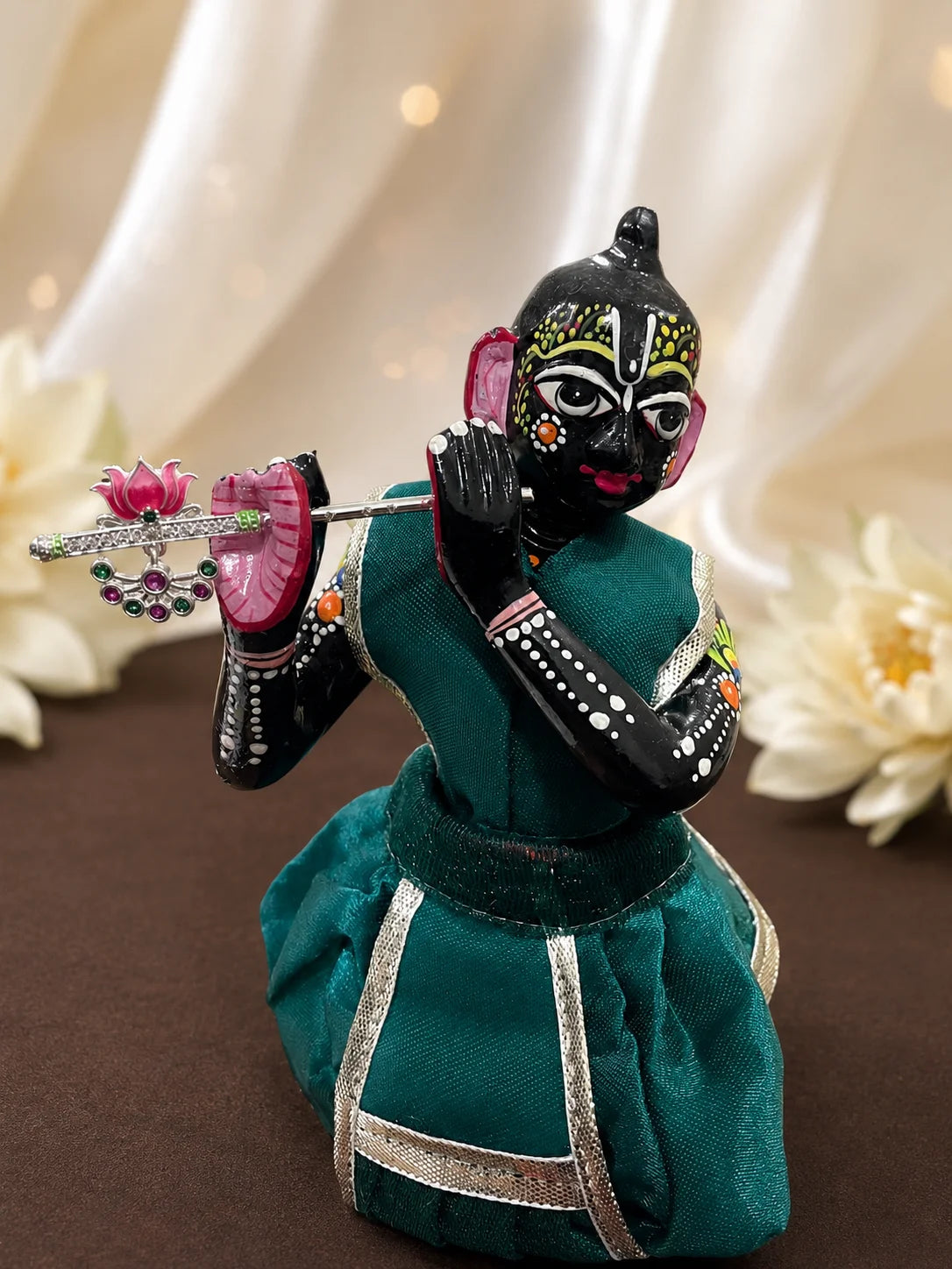Premium silver plated Meenakari bansuri flute with hand painted enamel lotus motifs for Laddu Gopal deity shringar