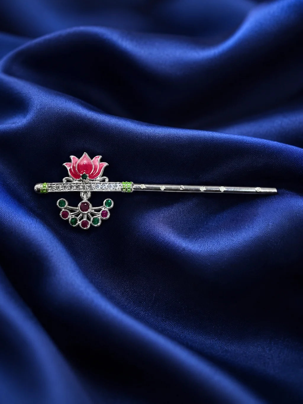 Premium silver plated Meenakari bansuri flute with hand painted enamel lotus motifs for Laddu Gopal deity shringar