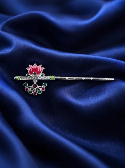 Premium silver plated Meenakari bansuri flute with hand painted enamel lotus motifs for Laddu Gopal deity shringar