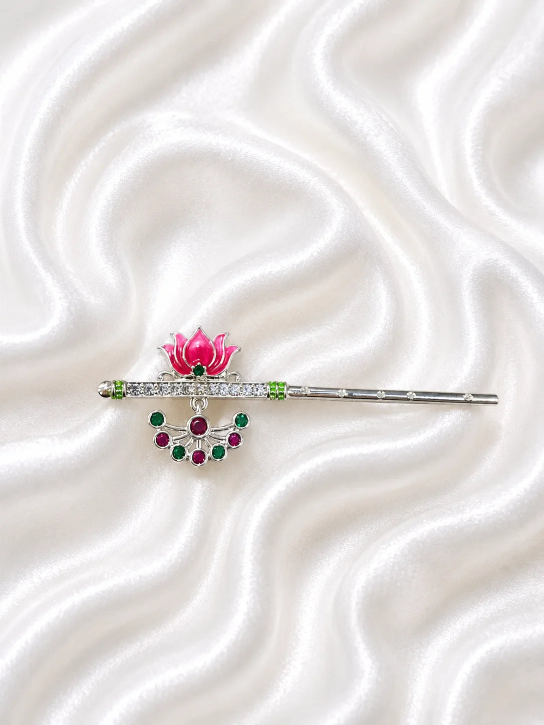 Premium silver plated Meenakari bansuri flute with hand painted enamel lotus motifs for Laddu Gopal deity shringar