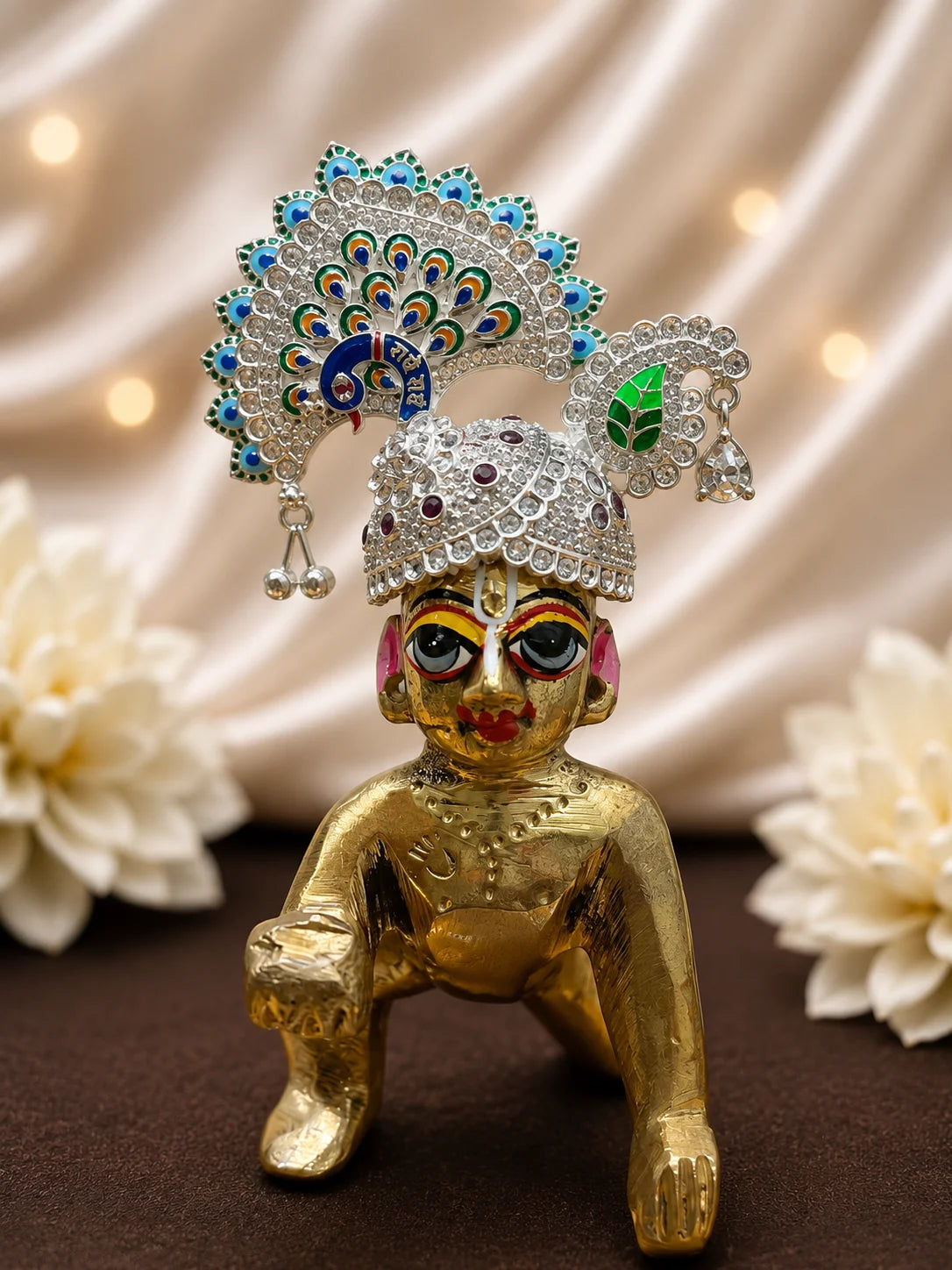 Silver color Peacock Utsav AD Mukut for Laddu Gopal with sparkling peacock-inspired AD design