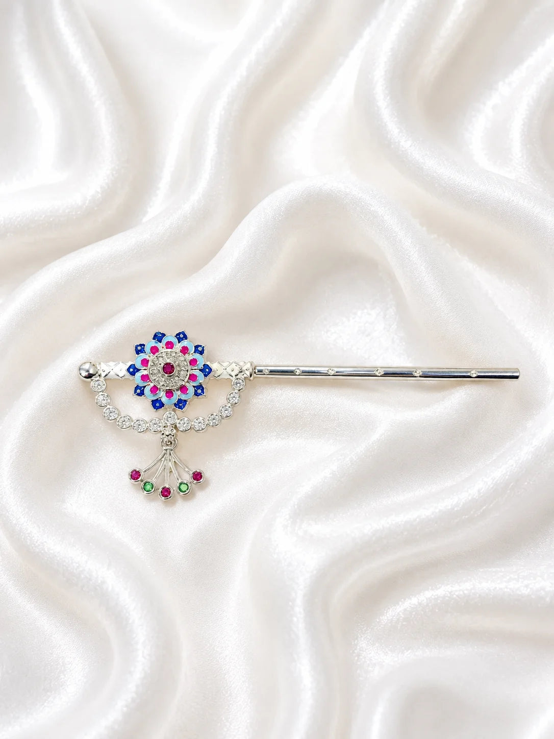 Premium silver plated Meenakari bansuri flute with hand painted enamel patterns and a floral crown crest for Laddu Gopal deity shringar