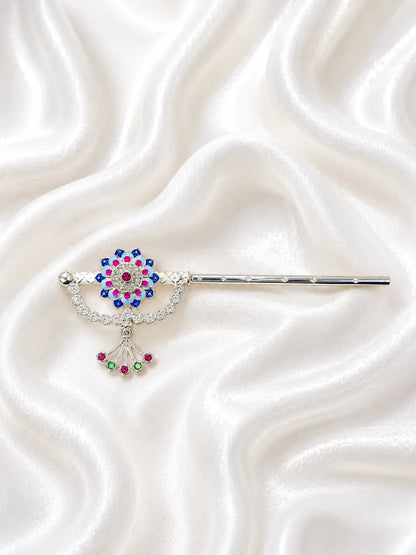 Premium silver plated Meenakari bansuri flute with hand painted enamel patterns and a floral crown crest for Laddu Gopal deity shringar