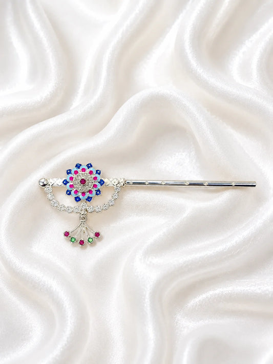 Premium silver plated Meenakari bansuri flute with hand painted enamel patterns and a floral crown crest for Laddu Gopal deity shringar
