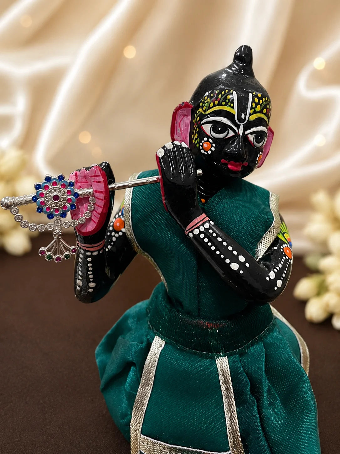 Premium silver plated Meenakari bansuri flute with hand painted enamel patterns and a floral crown crest for Laddu Gopal deity shringar