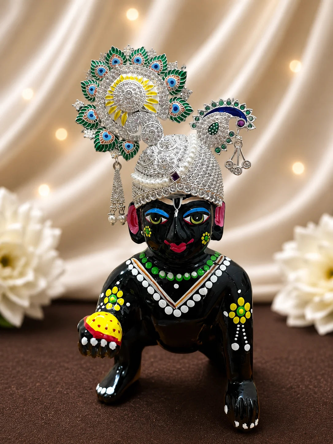 Silver Peacock Rajkala AD Mukut for Laddu Gopal with sparkling peacock-inspired AD design