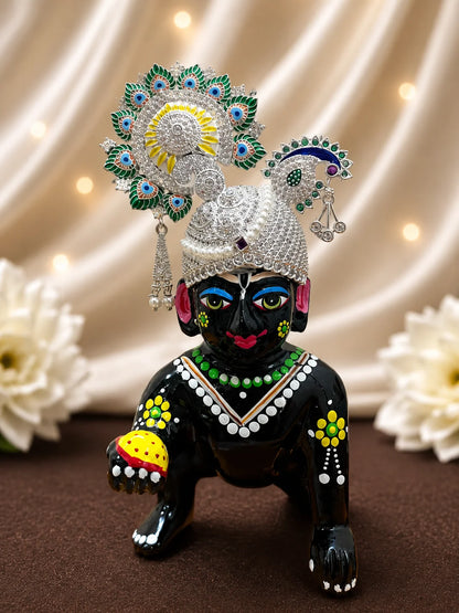 Silver Peacock Rajkala AD Mukut for Laddu Gopal with sparkling peacock-inspired AD design