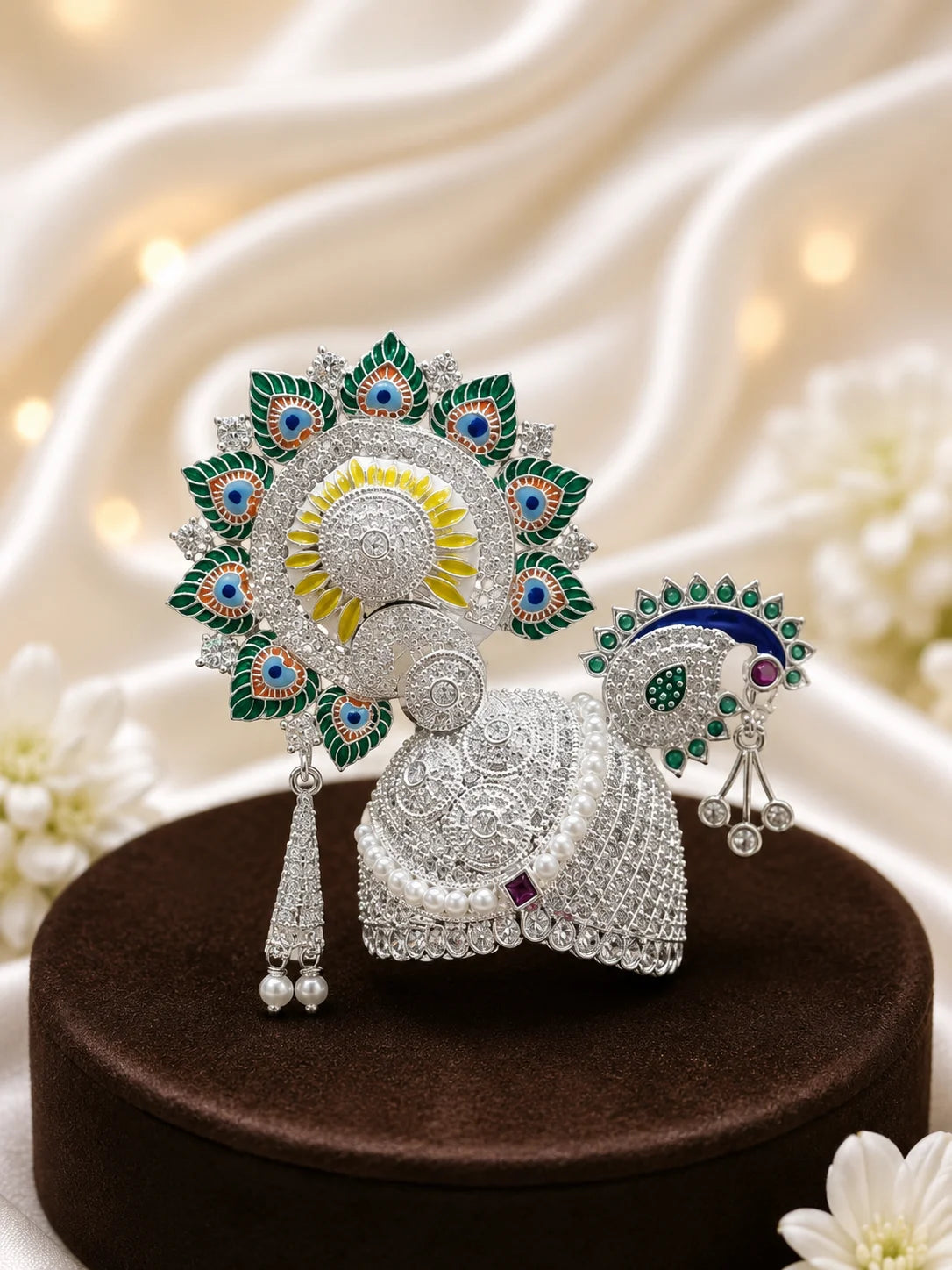 Silver Peacock Rajkala AD Mukut for Deity