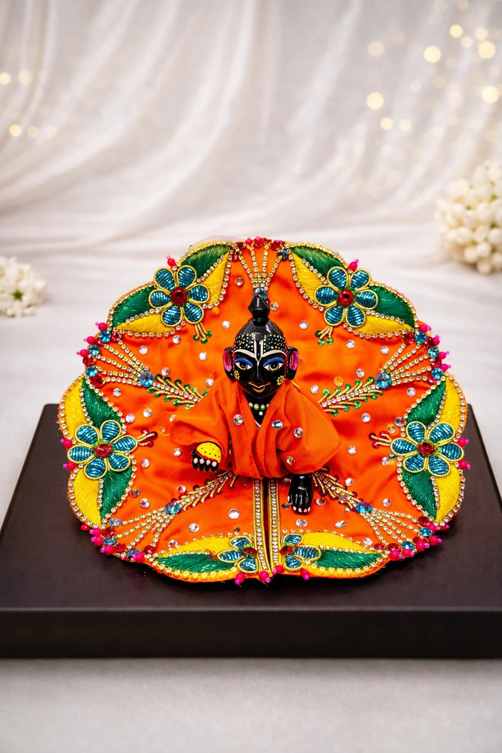 Stone work orange Laddu Gopal dress handcrafted festive shringar poshak